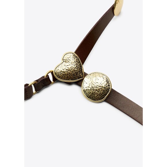 ZARA 100% Leather Brown Gold Heart Medallion Harness Belt Women EU 85 US 32 Boho main image 10